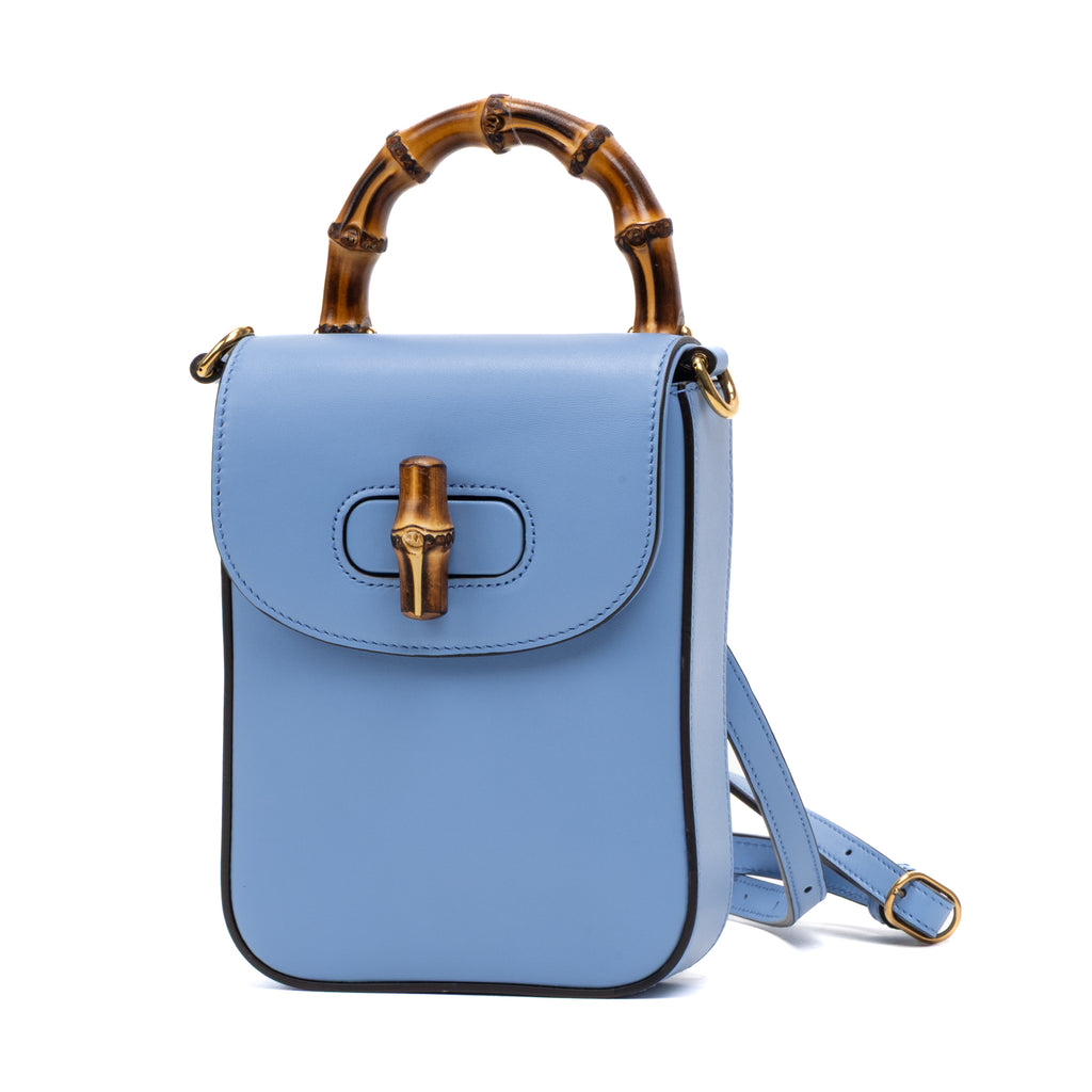 Backpack Bamboo Top Handle Backpack Mini Blue Calfskin Leather