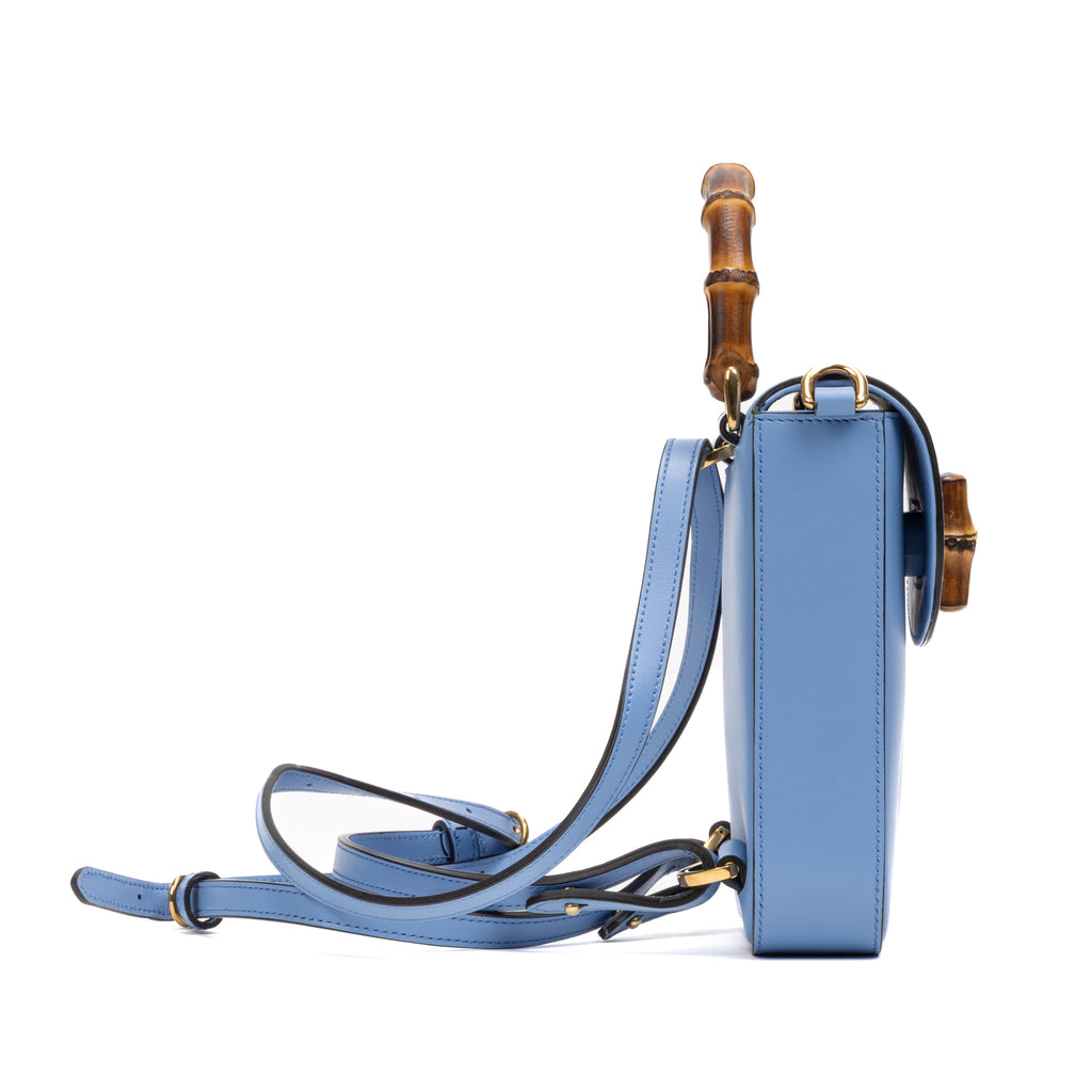 Backpack Bamboo Top Handle Backpack Mini Blue Calfskin Leather