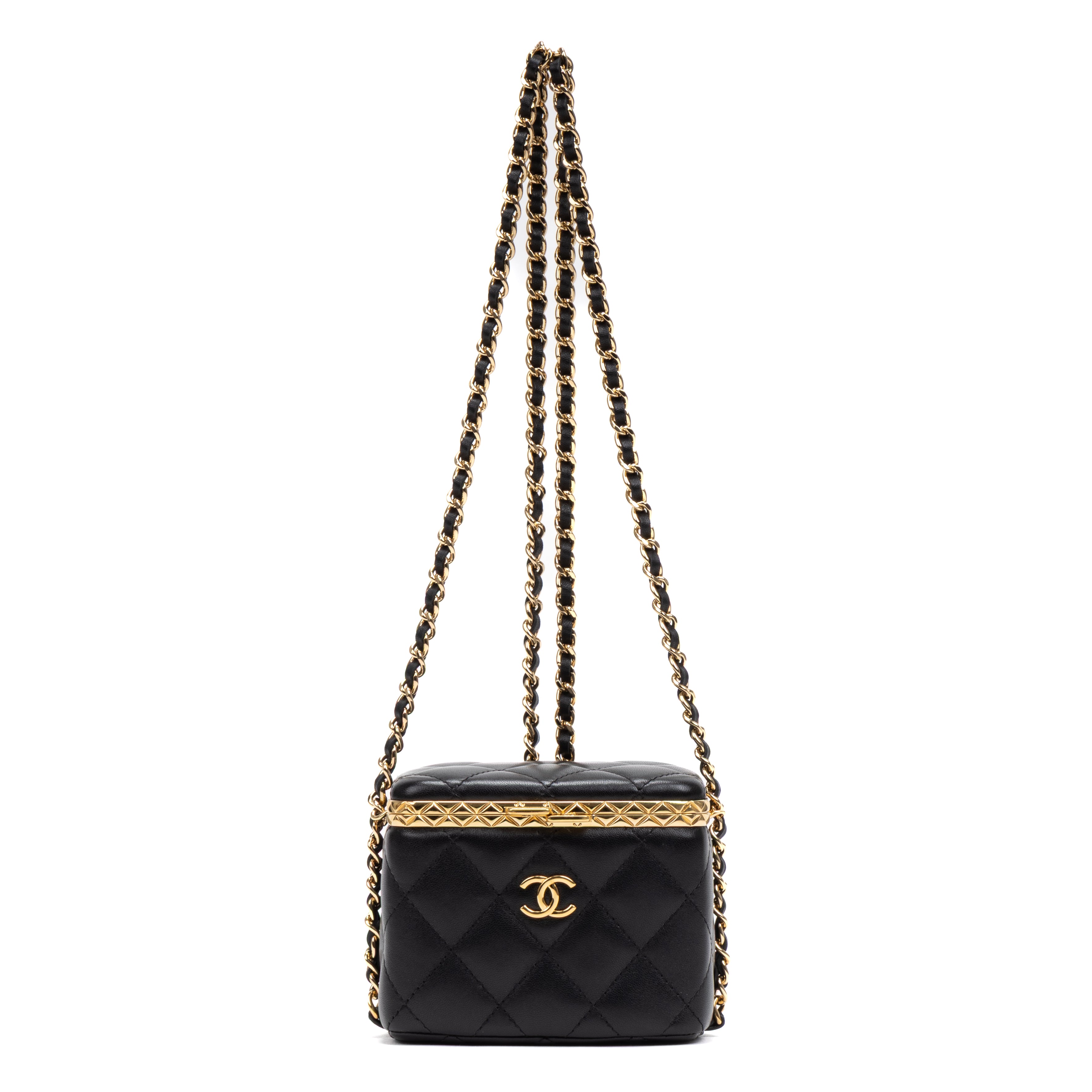 Shoulder Bag Lock Frame Vanity Case Black Quilted Lambskin