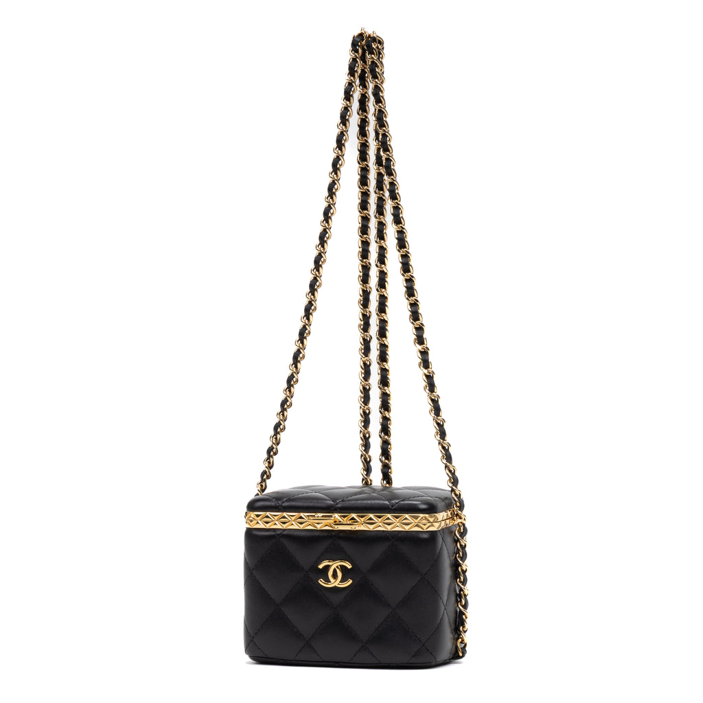 Shoulder Bag Lock Frame Vanity Case Black Quilted Lambskin