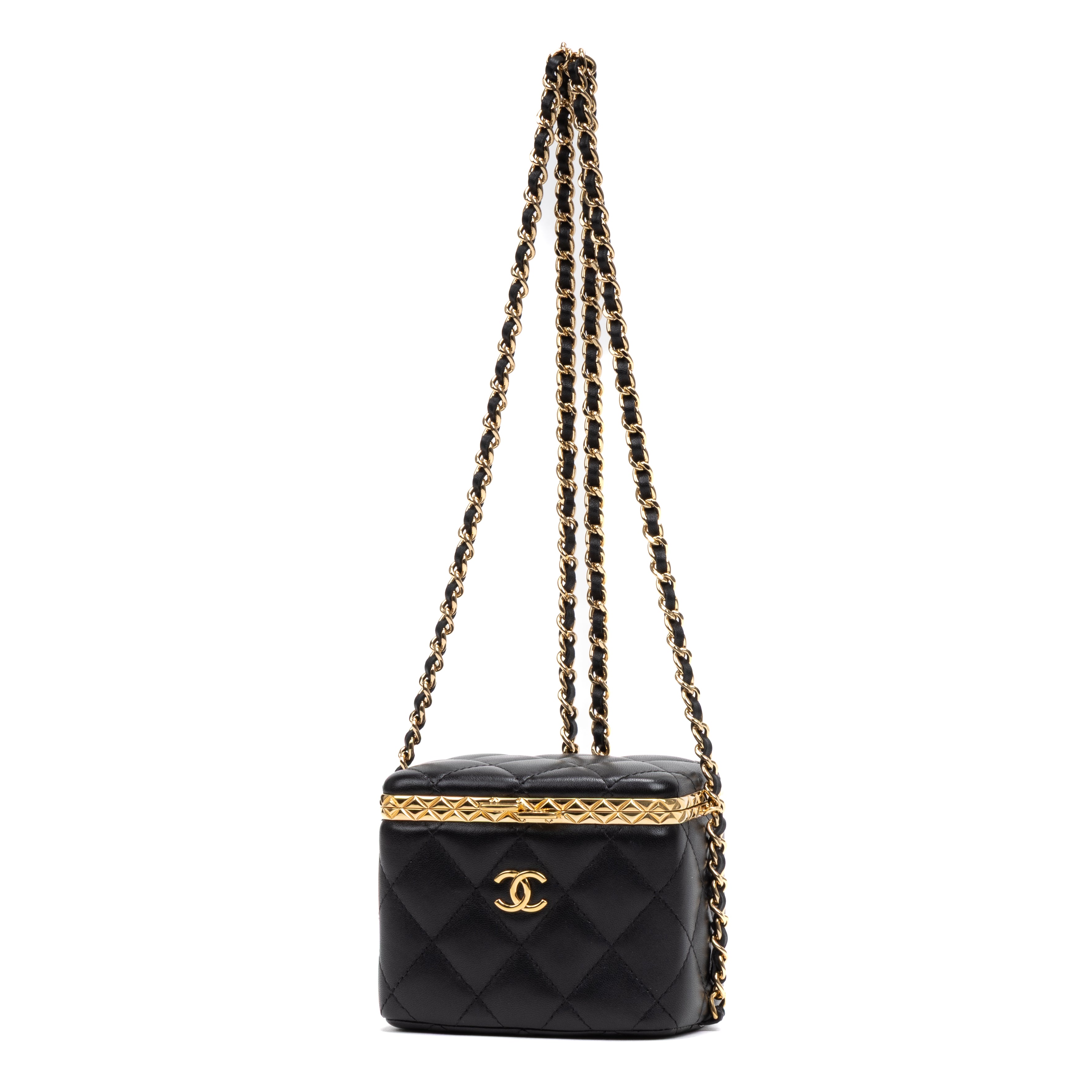 Shoulder Bag Lock Frame Vanity Case Black Quilted Lambskin