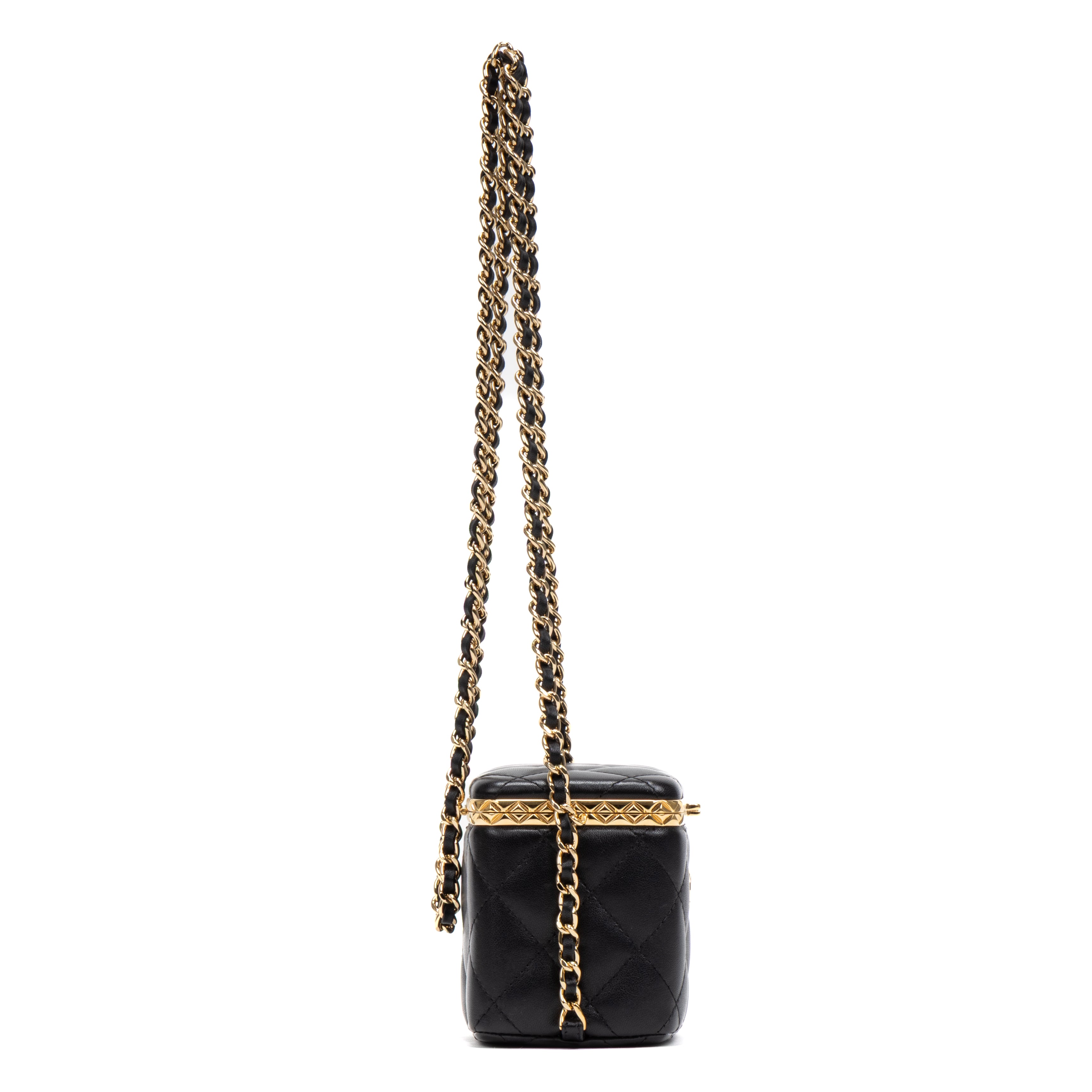 Shoulder Bag Lock Frame Vanity Case Black Quilted Lambskin