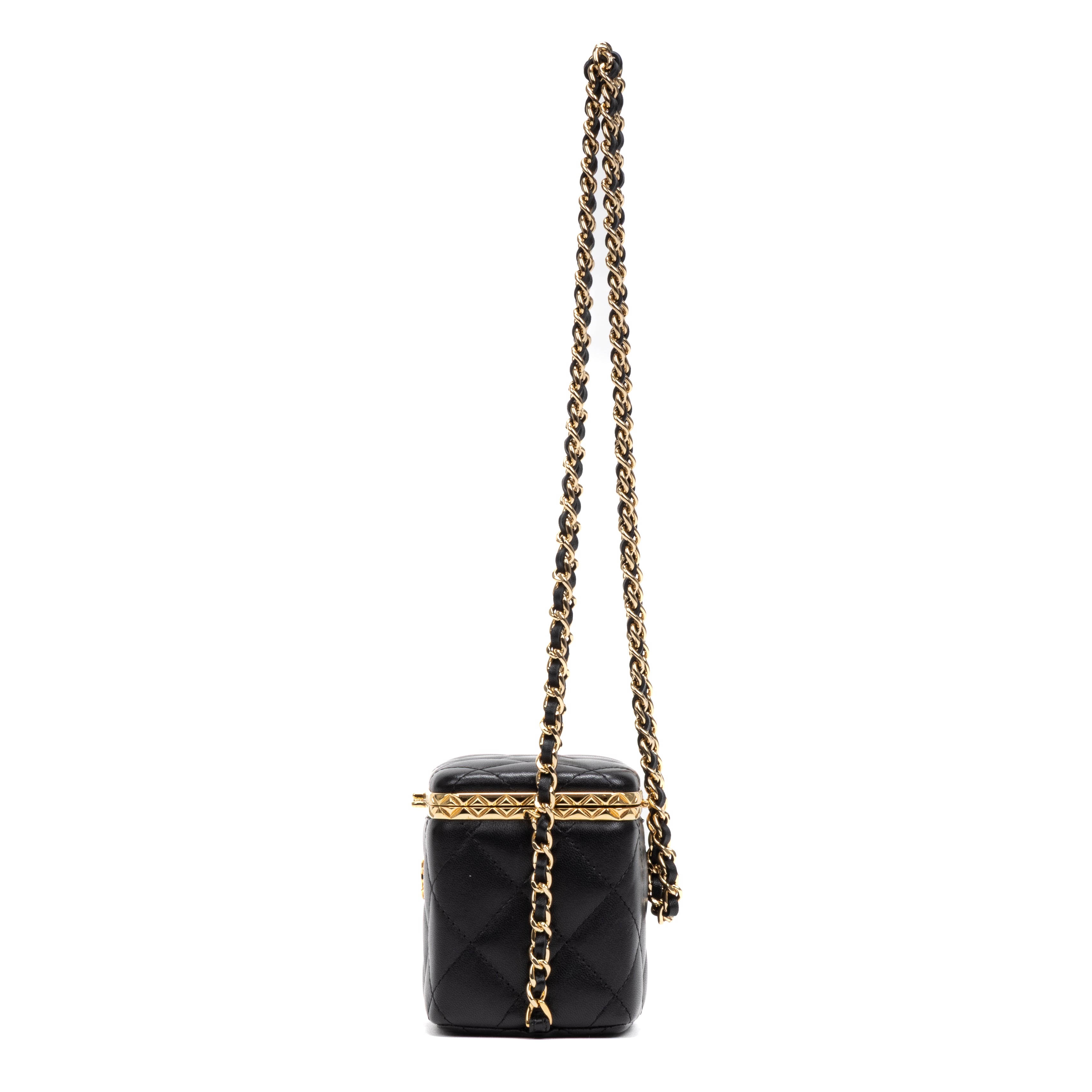Shoulder Bag Lock Frame Vanity Case Black Quilted Lambskin