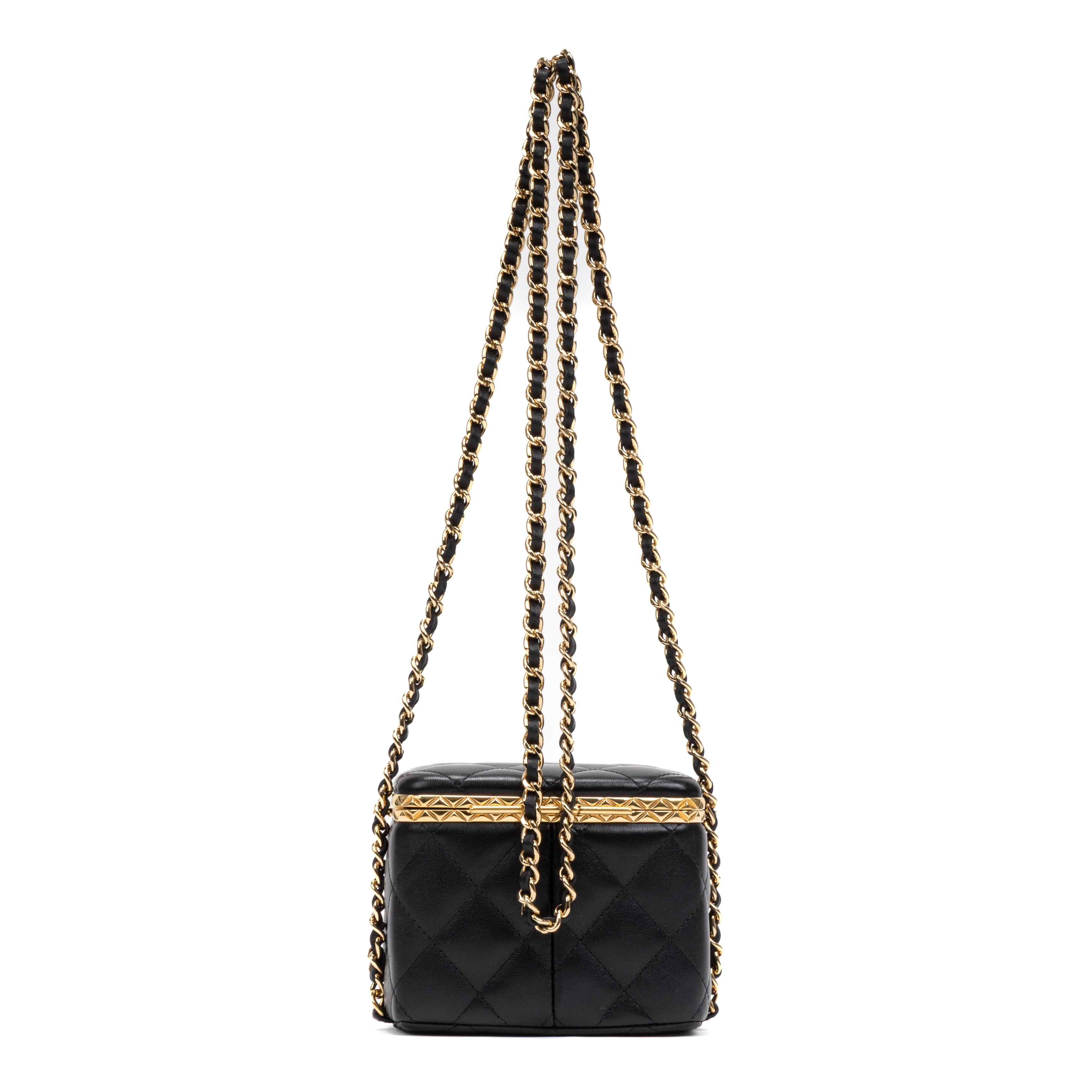 Shoulder Bag Lock Frame Vanity Case Black Quilted Lambskin
