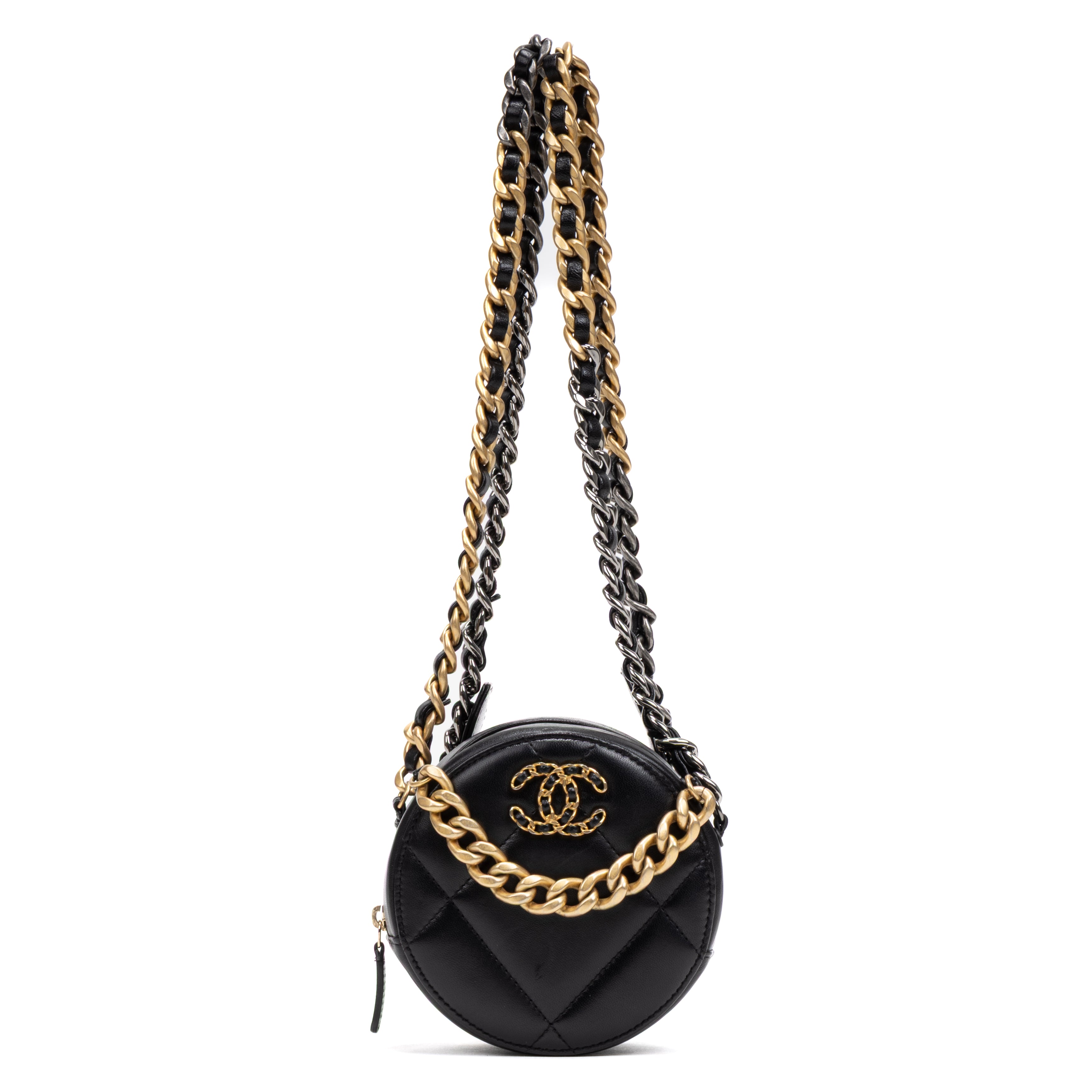 Shoulder Bag 19 Round Chain Clutch Small Black Large Quilted Lambskin