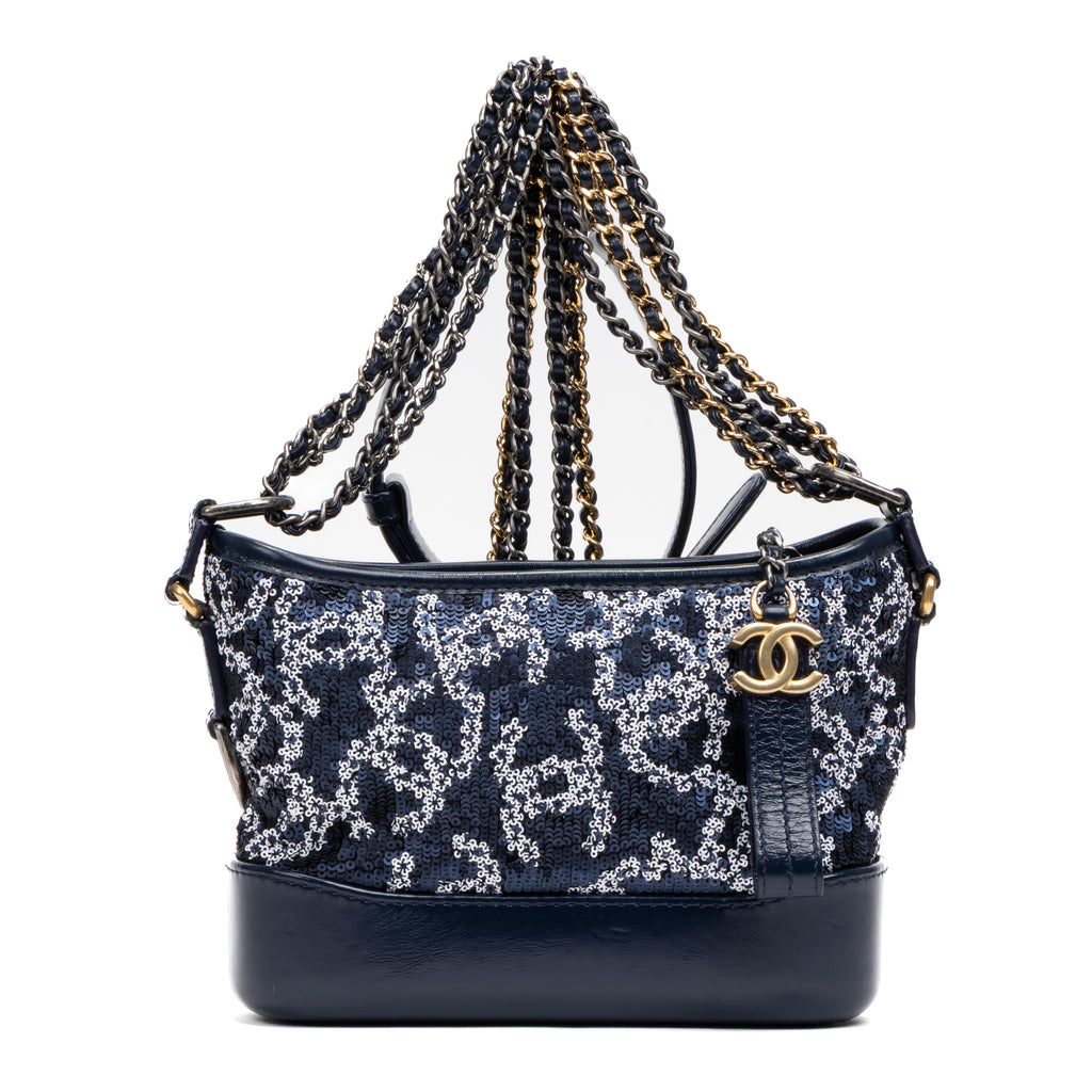 Shoulder Bag Gabrielle Hobo Logo Motif Small Navy Sequin with Lambskin