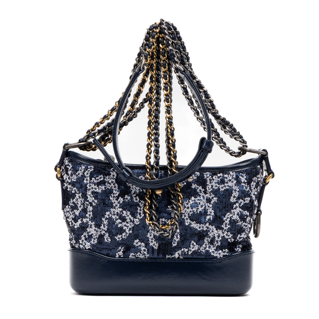 Shoulder Bag Gabrielle Hobo Logo Motif Small Navy Sequin with Lambskin