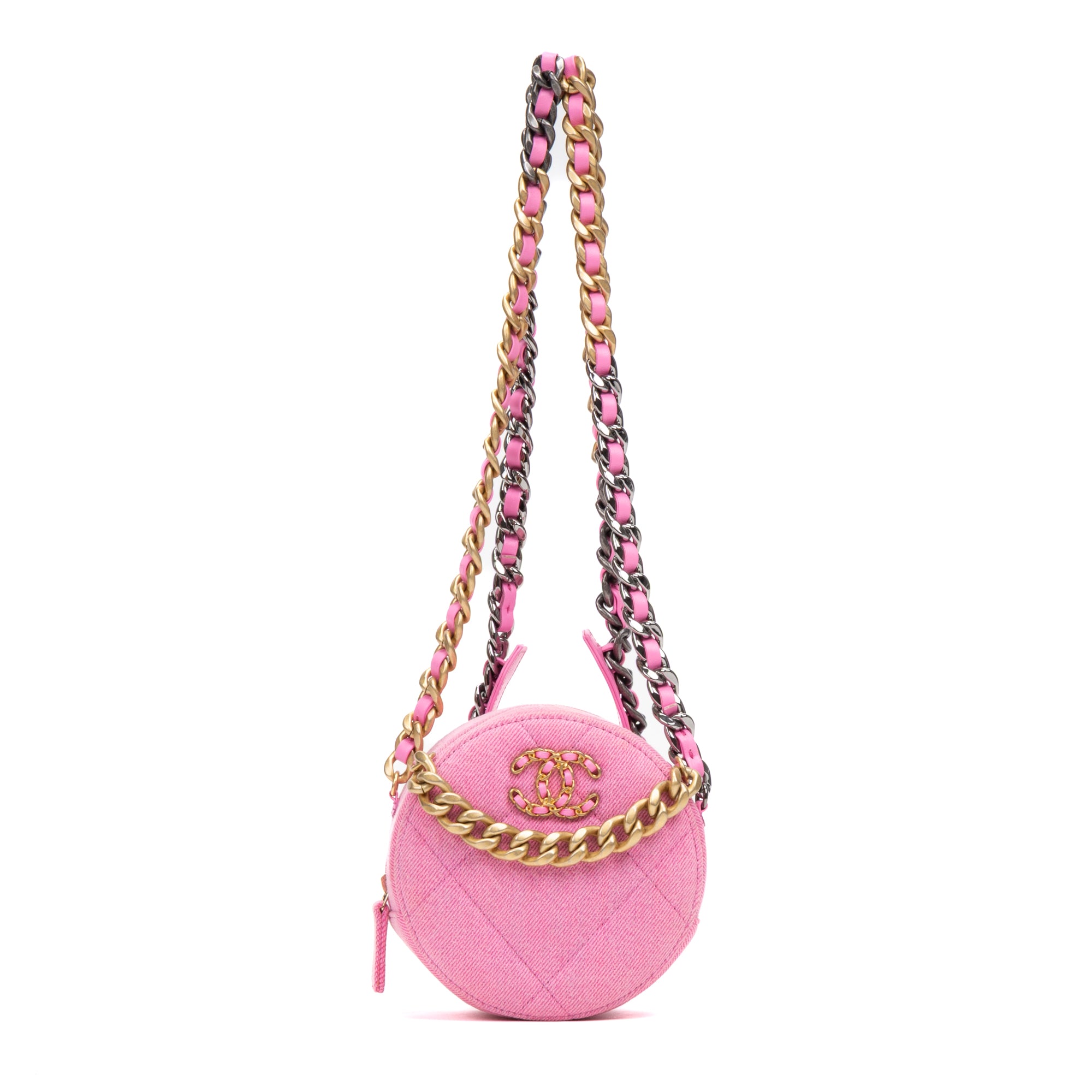 Shoulder Bag 19 Round Clutch Mini Pink Denim Quilted Canvas