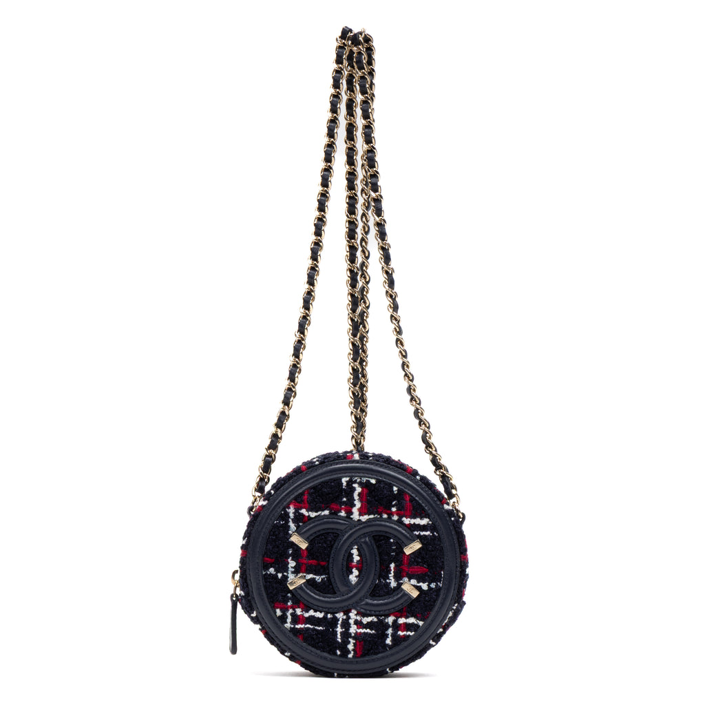 Shoulder Bag Filigree Round Chain Clutch Mini Navy Quilted Tweed Canvas