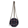 Shoulder Bag Filigree Round Chain Clutch Mini Navy Quilted Tweed Canvas