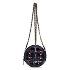 Shoulder Bag Filigree Round Chain Clutch Mini Navy Quilted Tweed Canvas