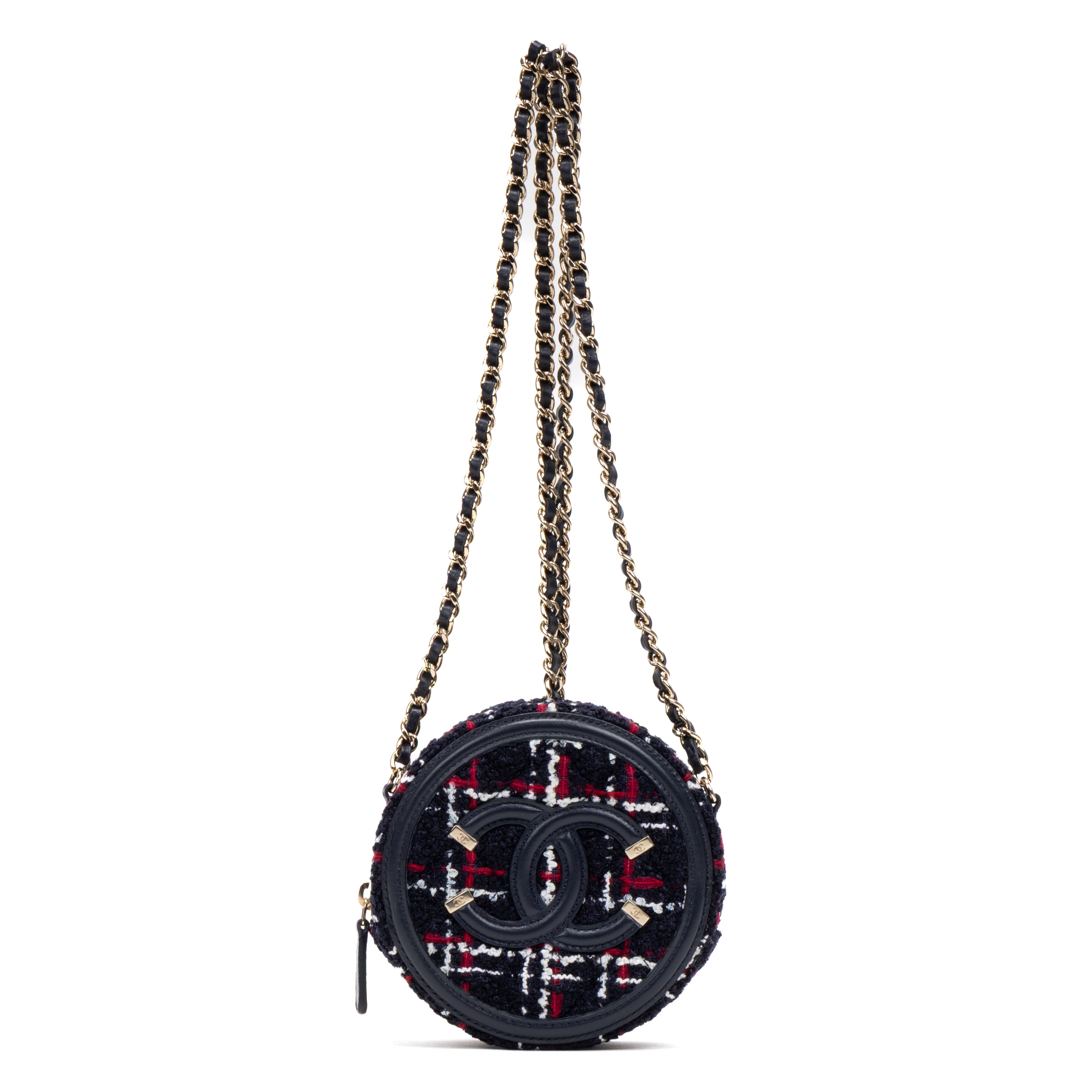 Shoulder Bag Filigree Round Chain Clutch Mini Navy Quilted Tweed Canvas