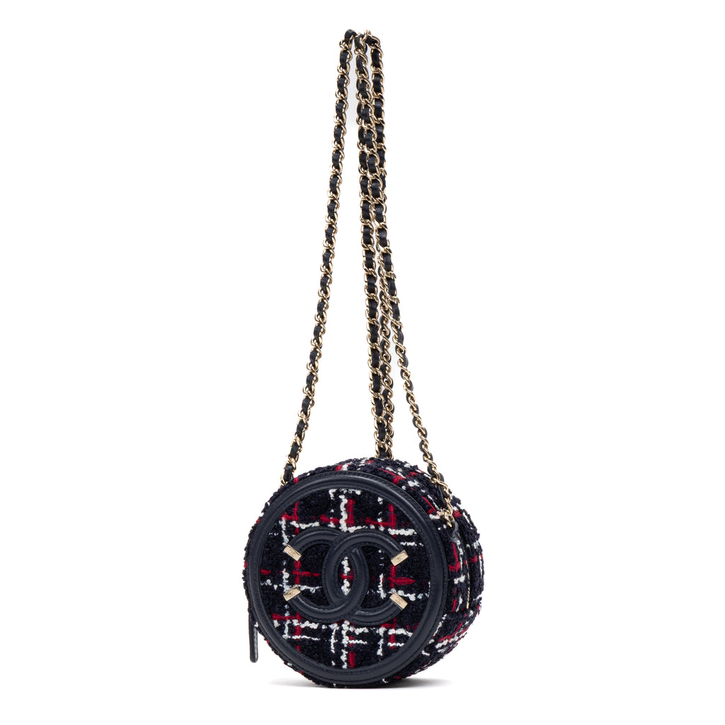 Shoulder Bag Filigree Round Chain Clutch Mini Navy Quilted Tweed Canvas