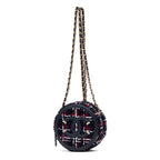 Shoulder Bag Filigree Round Chain Clutch Mini Navy Quilted Tweed Canvas
