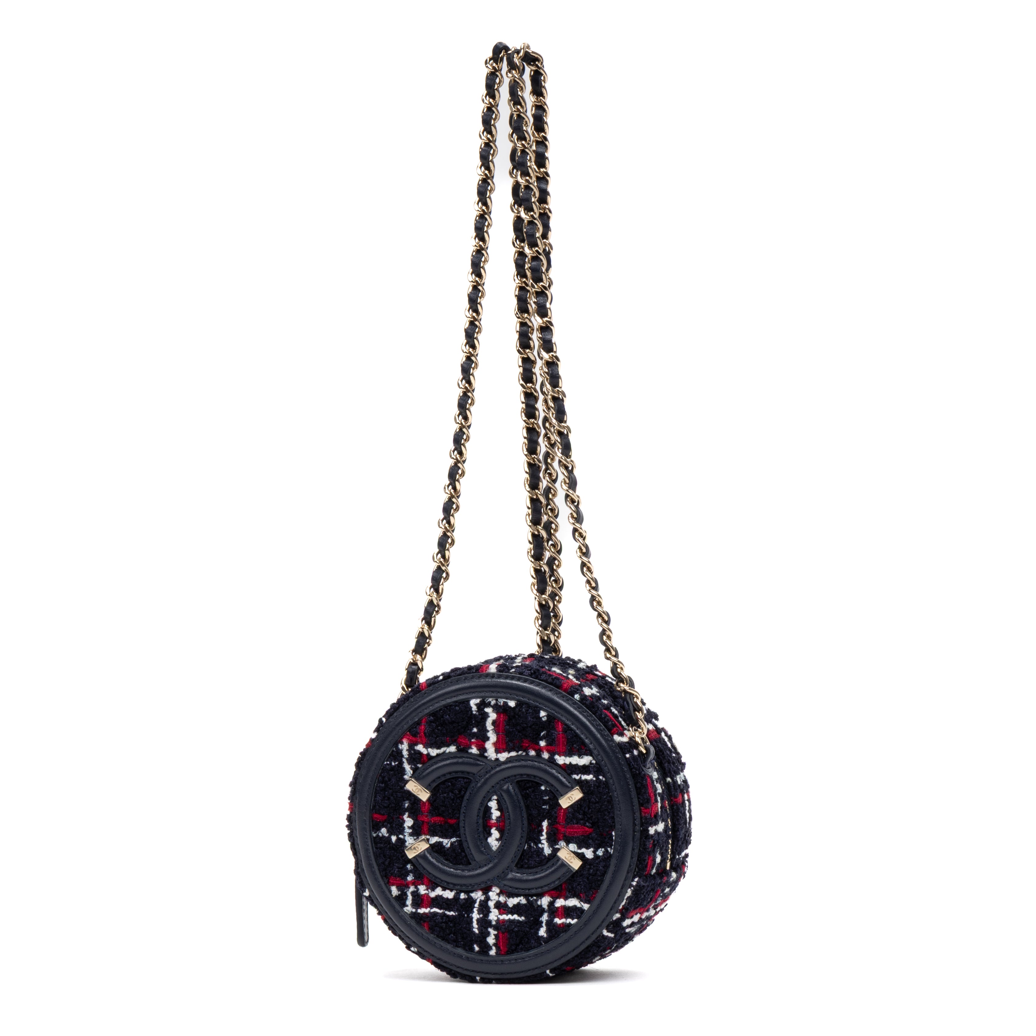 Shoulder Bag Filigree Round Chain Clutch Mini Navy Quilted Tweed Canvas