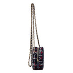 Shoulder Bag Filigree Round Chain Clutch Mini Navy Quilted Tweed Canvas