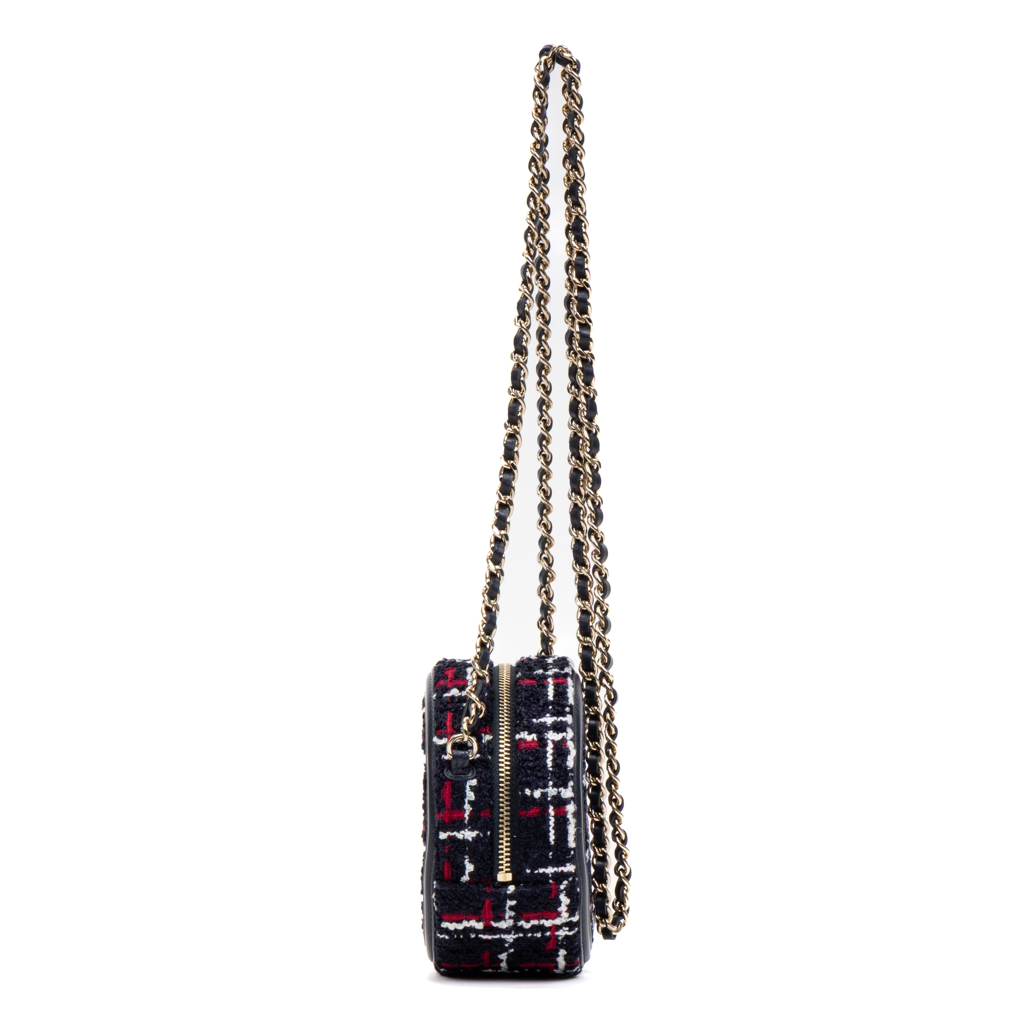 Shoulder Bag Filigree Round Chain Clutch Mini Navy Quilted Tweed Canvas
