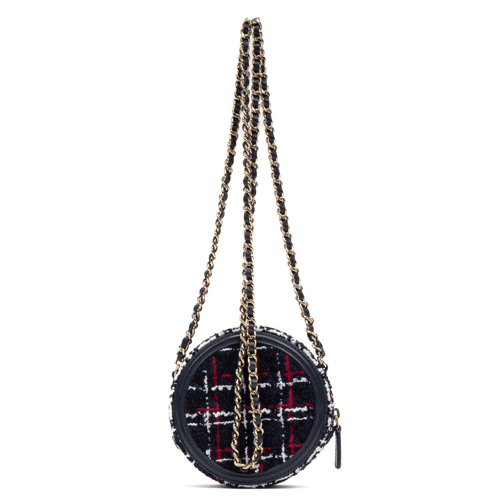 Shoulder Bag Filigree Round Chain Clutch Mini Navy Quilted Tweed Canvas