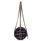 Shoulder Bag Filigree Round Chain Clutch Mini Navy Quilted Tweed Canvas