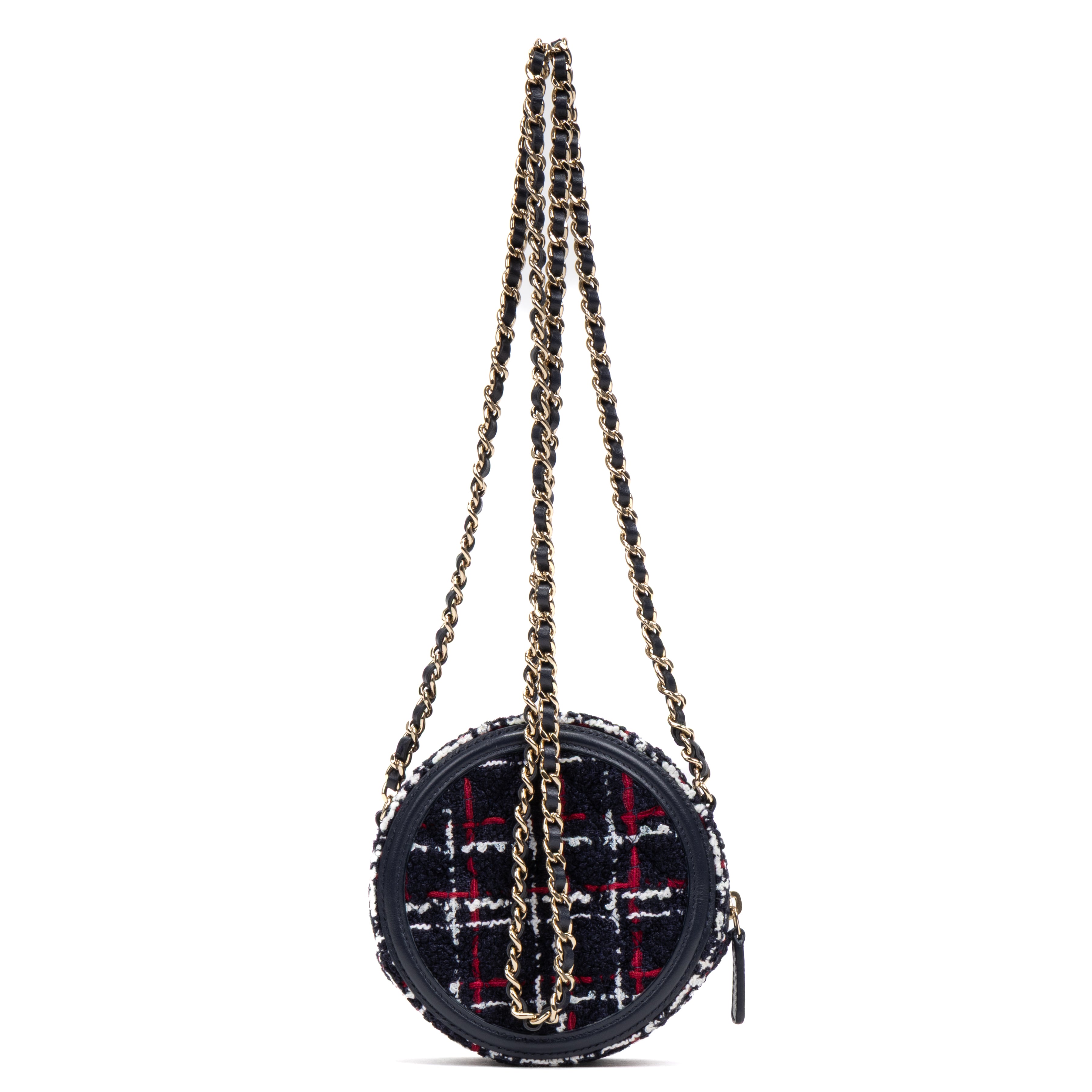 Shoulder Bag Filigree Round Chain Clutch Mini Navy Quilted Tweed Canvas
