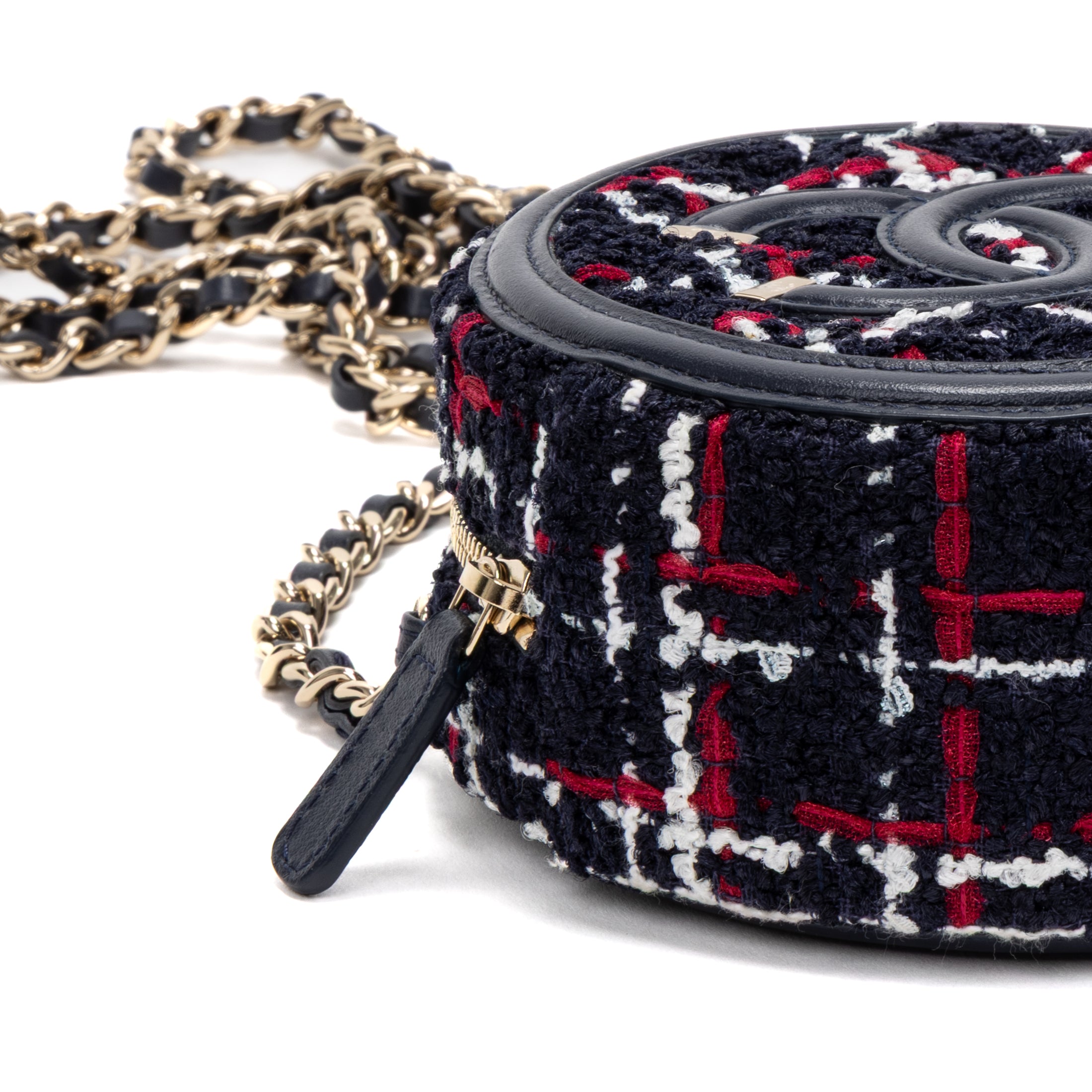 Shoulder Bag Filigree Round Chain Clutch Mini Navy Quilted Tweed Canvas