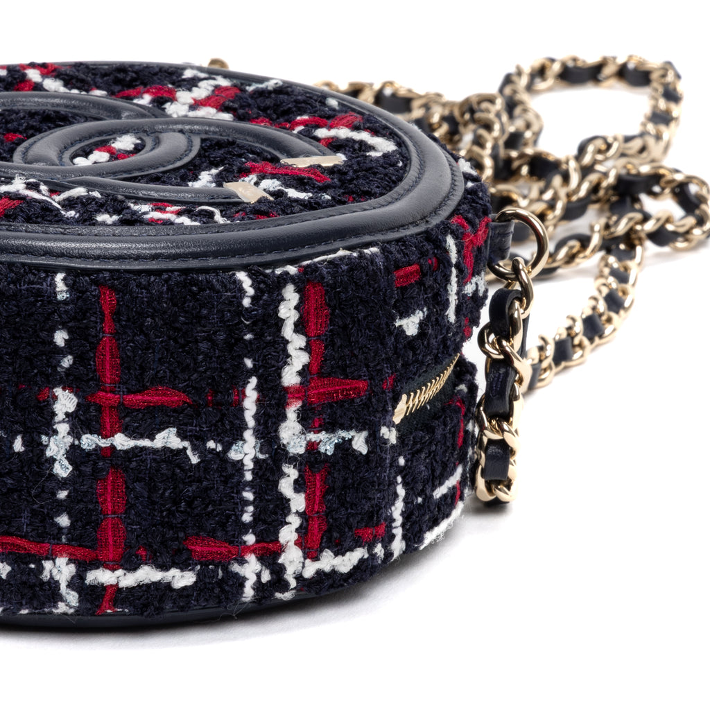 Shoulder Bag Filigree Round Chain Clutch Mini Navy Quilted Tweed Canvas