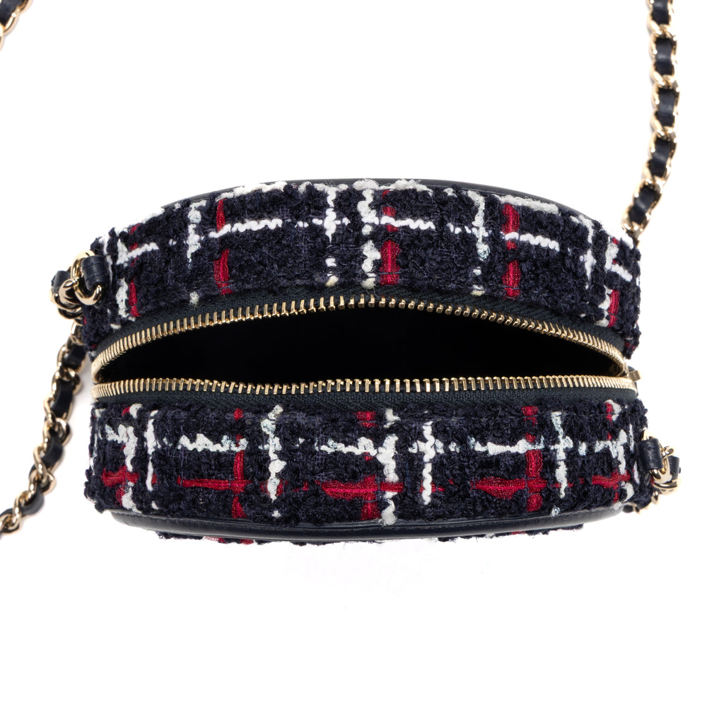 Shoulder Bag Filigree Round Chain Clutch Mini Navy Quilted Tweed Canvas