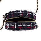 Shoulder Bag Filigree Round Chain Clutch Mini Navy Quilted Tweed Canvas