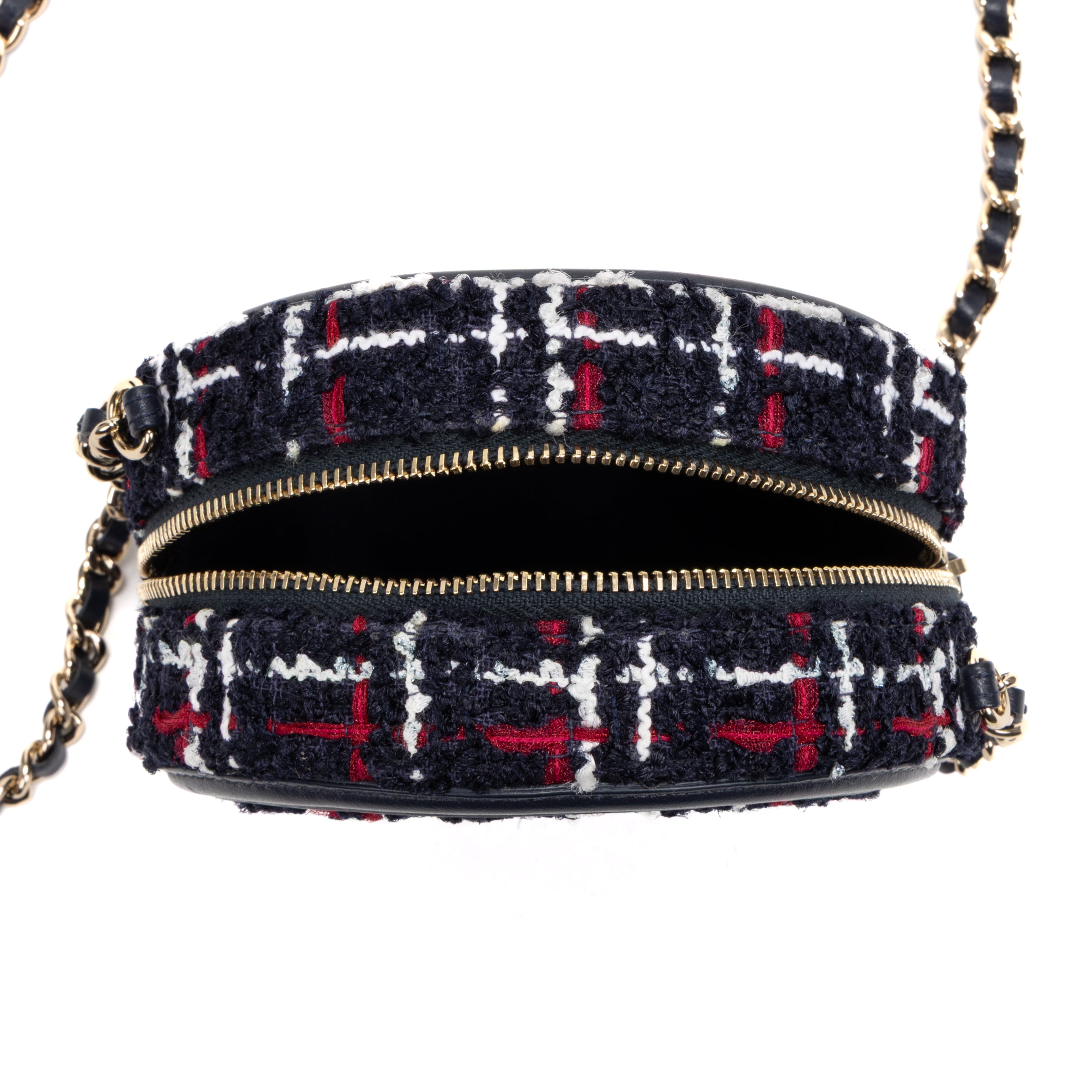Shoulder Bag Filigree Round Chain Clutch Mini Navy Quilted Tweed Canvas