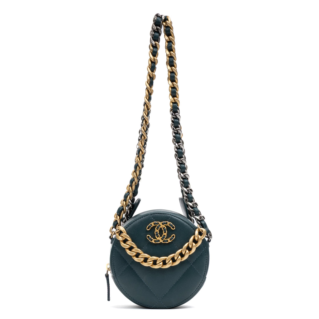 Shoulder Bag 19 Round Chain Clutch Crossbody Mini Dark Green Lambskin Quilted Leather
