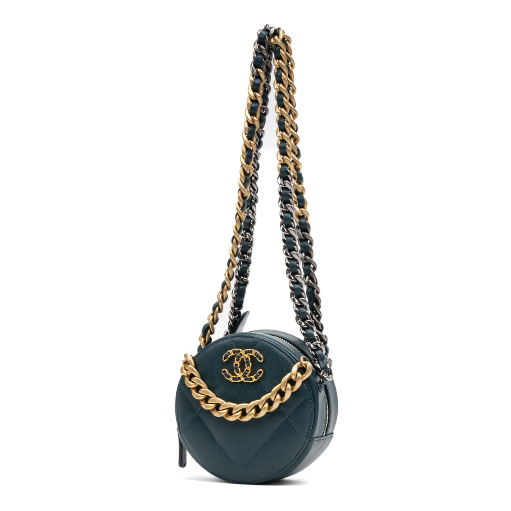 Shoulder Bag 19 Round Chain Clutch Crossbody Mini Dark Green Lambskin Quilted Leather