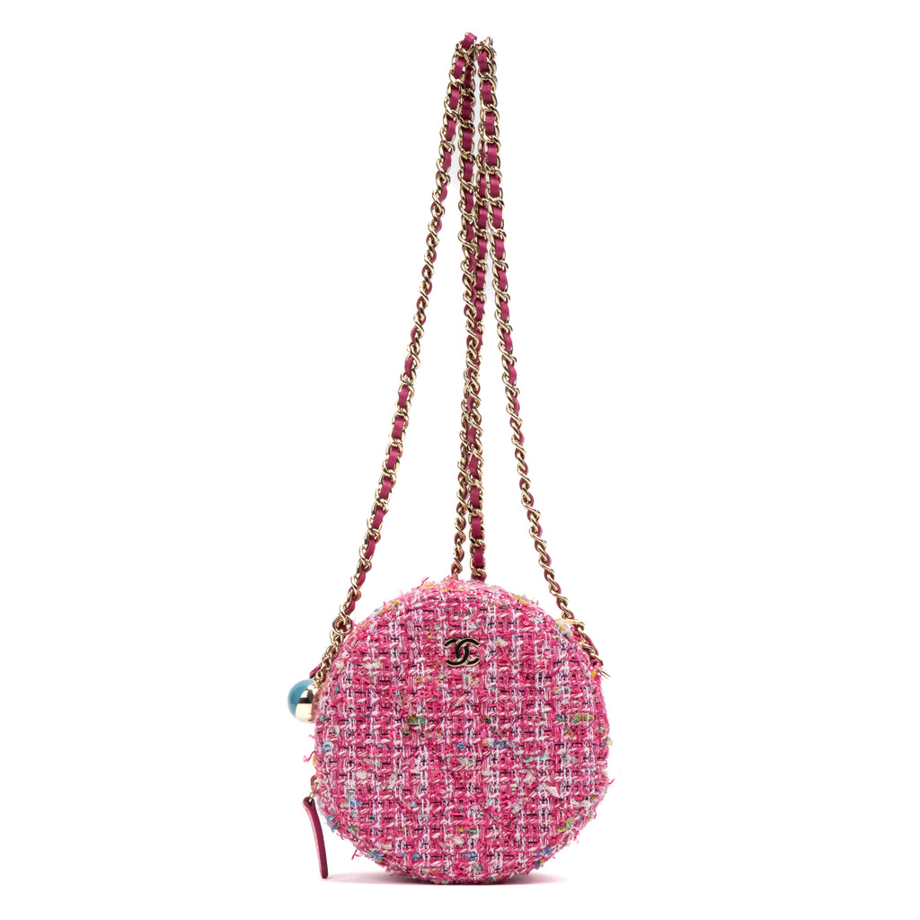 Shoulder Bag Round Chain Clutch Crossbody Mini Pink Houndstooth Tweed