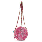 Shoulder Bag Round Chain Clutch Crossbody Mini Pink Houndstooth Tweed