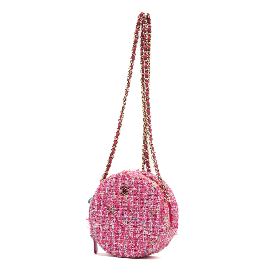 Shoulder Bag Round Chain Clutch Crossbody Mini Pink Houndstooth Tweed