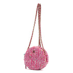 Shoulder Bag Round Chain Clutch Crossbody Mini Pink Houndstooth Tweed