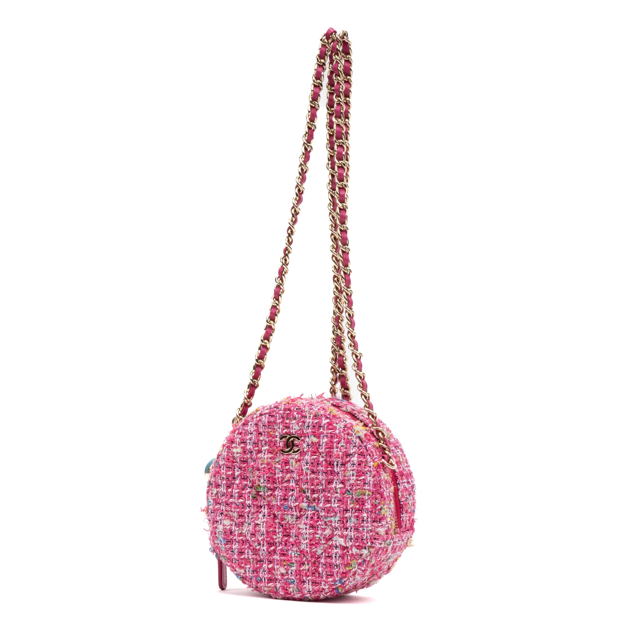 Shoulder Bag Round Chain Clutch Crossbody Mini Pink Houndstooth Tweed