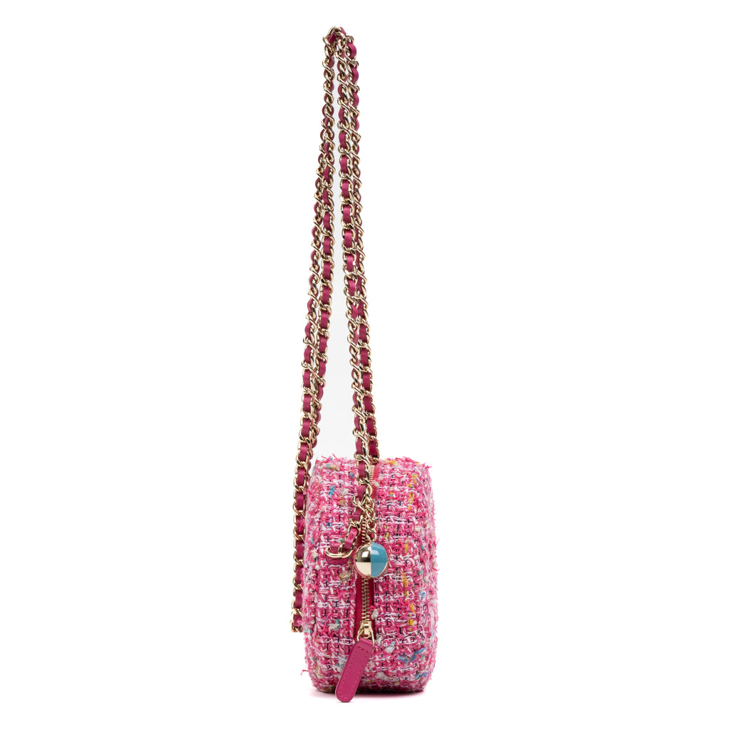 Shoulder Bag Round Chain Clutch Crossbody Mini Pink Houndstooth Tweed
