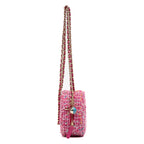 Shoulder Bag Round Chain Clutch Crossbody Mini Pink Houndstooth Tweed