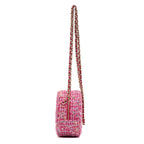 Shoulder Bag Round Chain Clutch Crossbody Mini Pink Houndstooth Tweed
