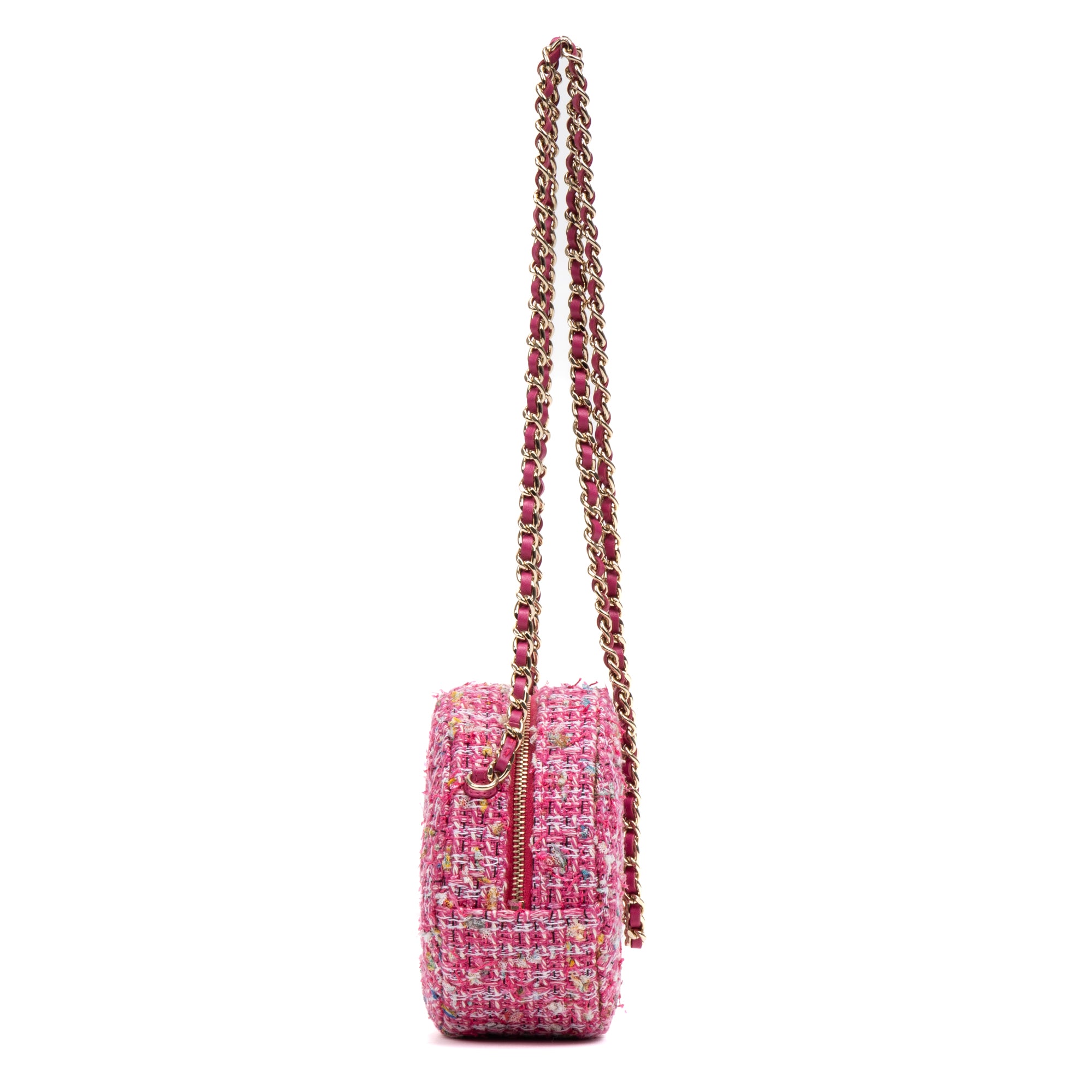 Shoulder Bag Round Chain Clutch Crossbody Mini Pink Houndstooth Tweed
