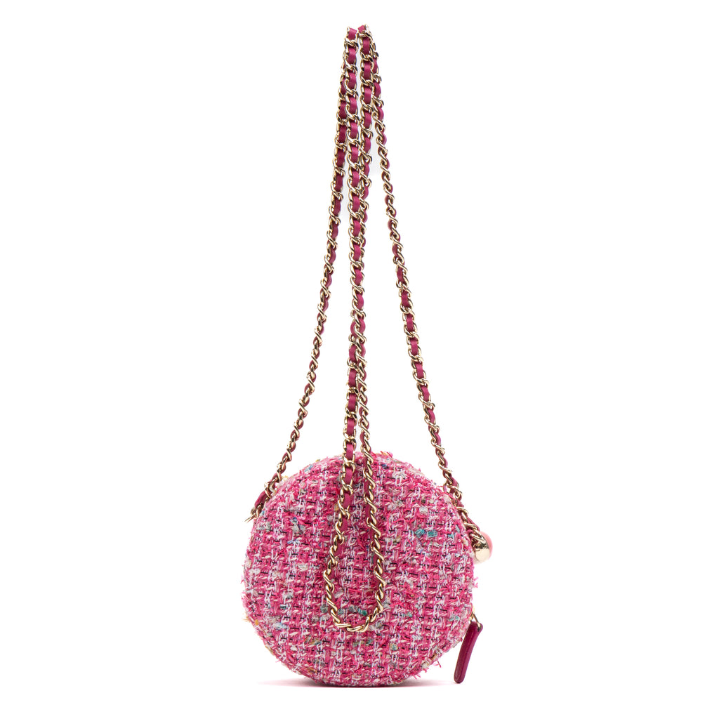 Shoulder Bag Round Chain Clutch Crossbody Mini Pink Houndstooth Tweed