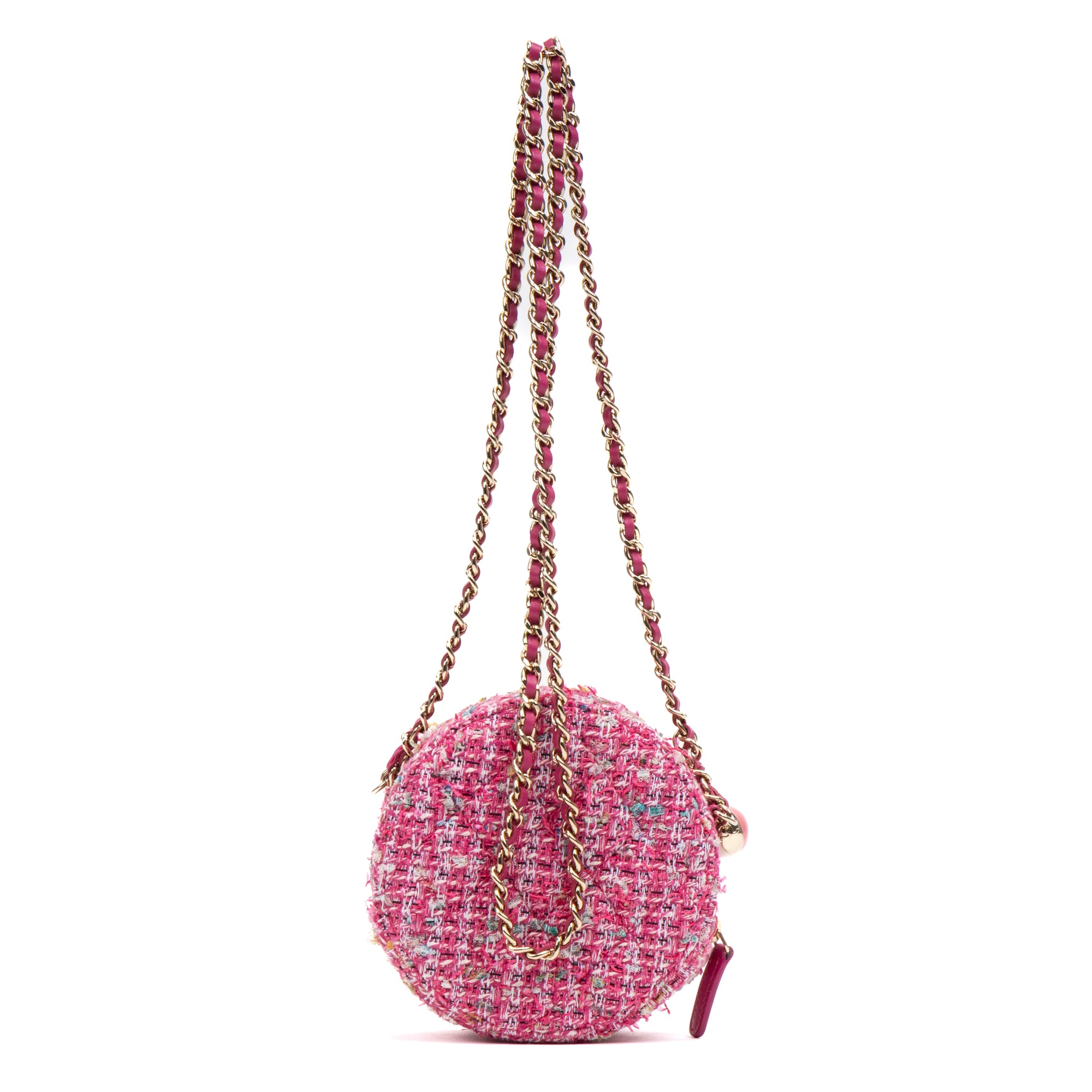 Shoulder Bag Round Chain Clutch Crossbody Mini Pink Houndstooth Tweed
