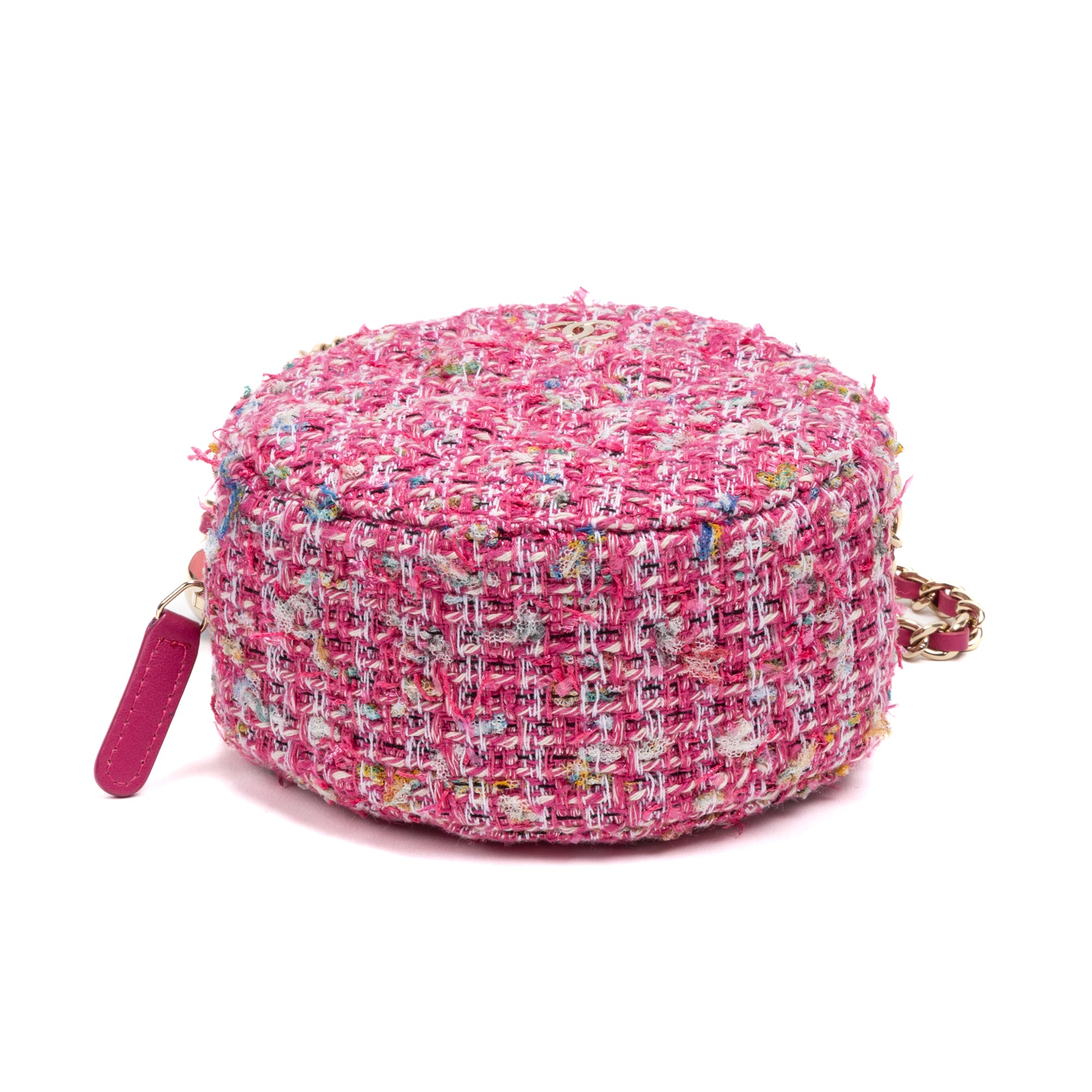 Shoulder Bag Round Chain Clutch Crossbody Mini Pink Houndstooth Tweed