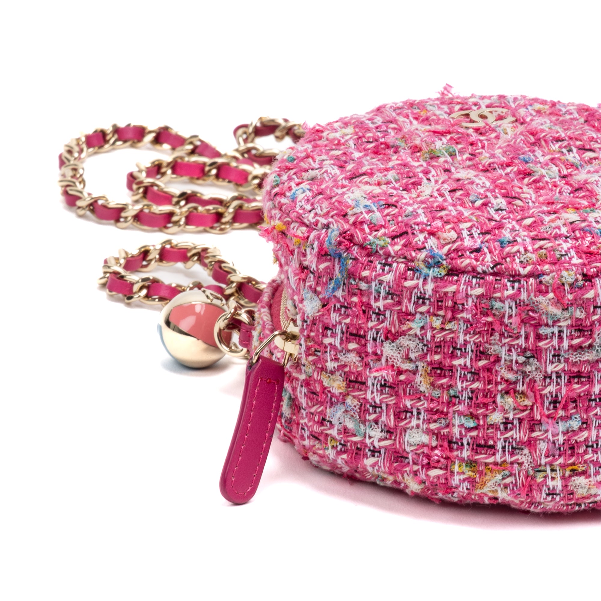 Shoulder Bag Round Chain Clutch Crossbody Mini Pink Houndstooth Tweed