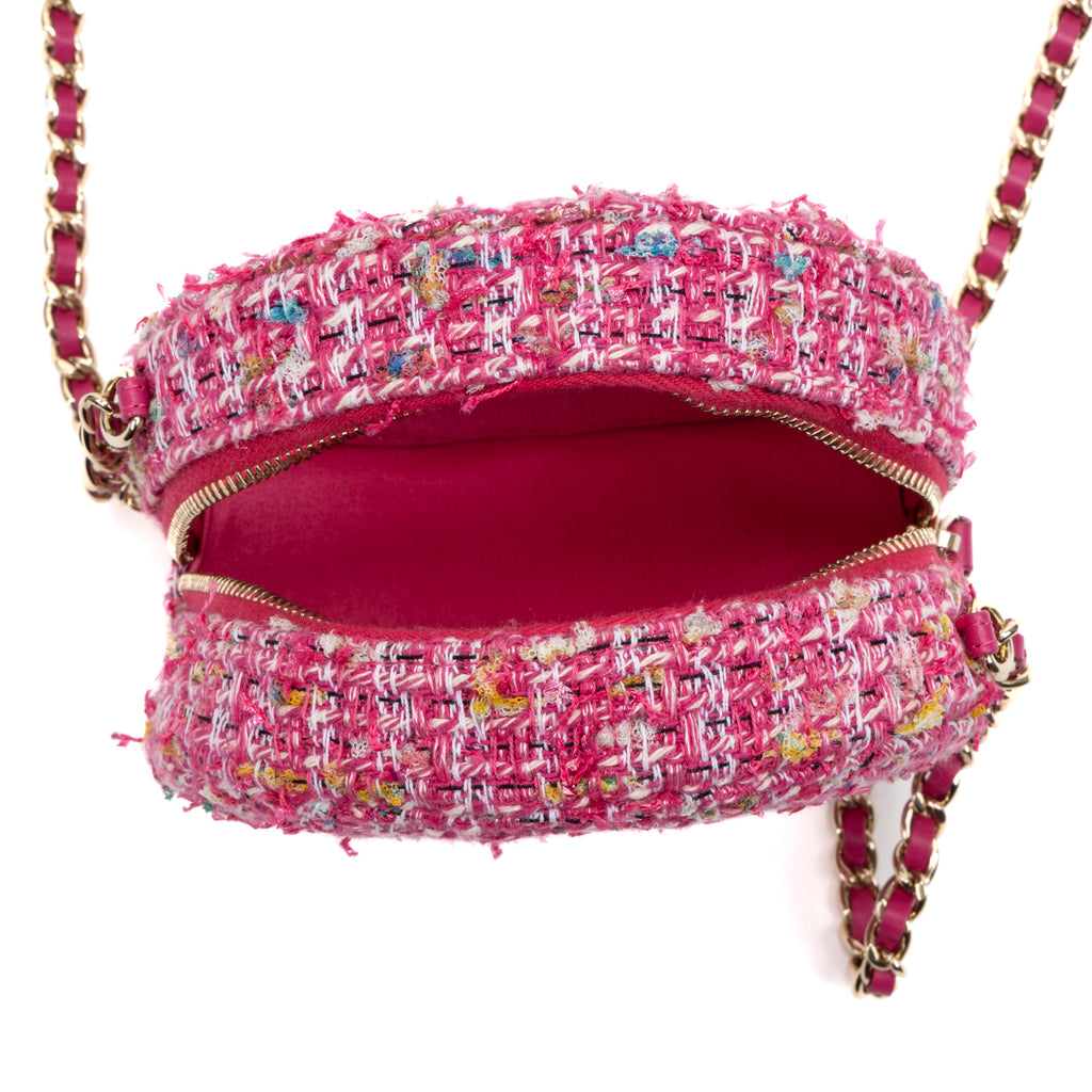 Shoulder Bag Round Chain Clutch Crossbody Mini Pink Houndstooth Tweed