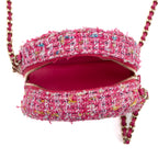 Shoulder Bag Round Chain Clutch Crossbody Mini Pink Houndstooth Tweed