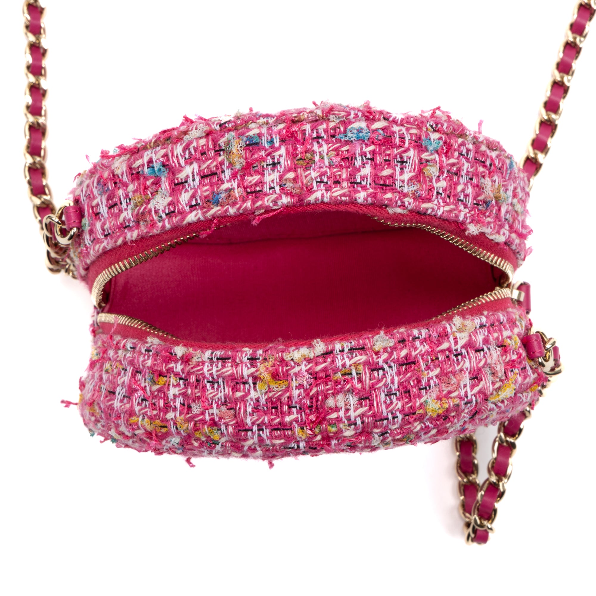 Shoulder Bag Round Chain Clutch Crossbody Mini Pink Houndstooth Tweed