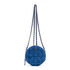 Shoulder Bag Round Chain Clutch Crossbody Mini Blue Tweed Quilted Canvas