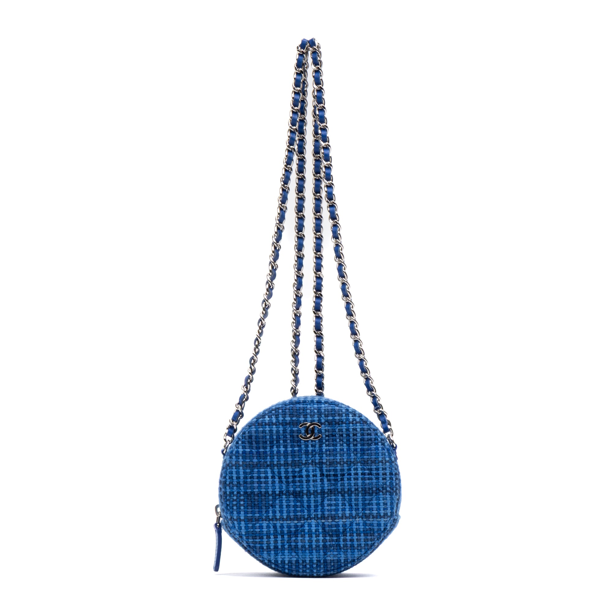 Shoulder Bag Round Chain Clutch Crossbody Mini Blue Tweed Quilted Canvas