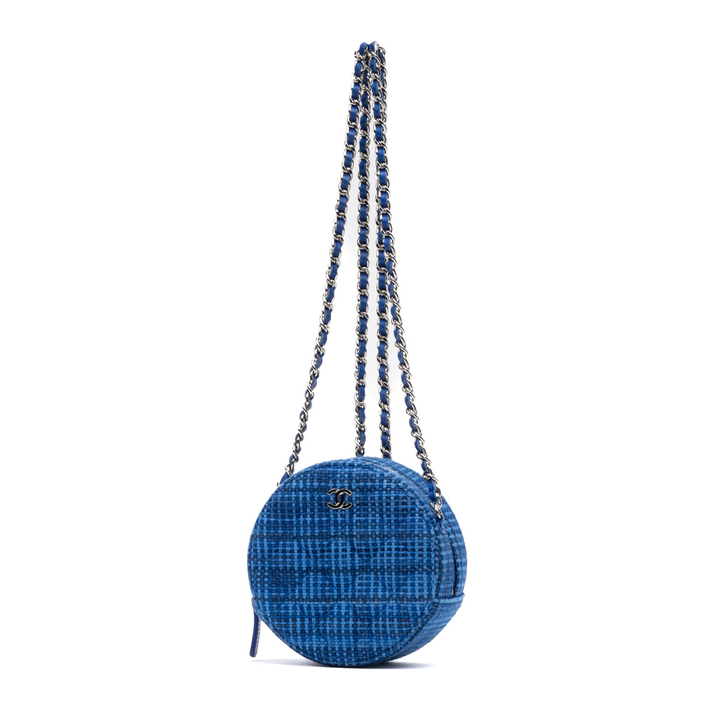 Shoulder Bag Round Chain Clutch Crossbody Mini Blue Tweed Quilted Canvas